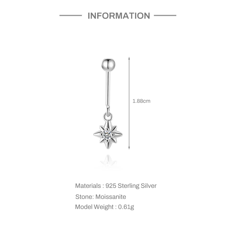 CANNER 1PC Moissanite Spherical Vertical Eight-pointed Star Piercing Earrings 925 Sterling Silver Jewelry Valentine's Day Gift