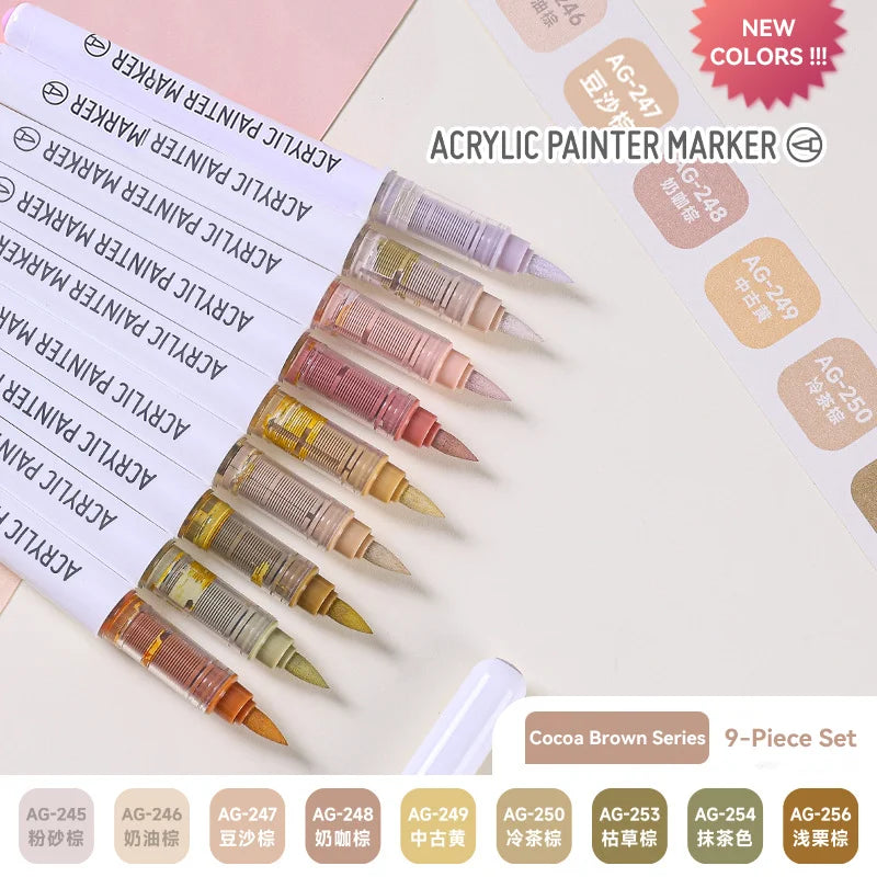 9colors/Set Acrylic Paint Pens Brush Marker Pen for Rock Painting,Ceramic,Glass,Wood,Canvas,Diy Art Supplies Drawing Stationary
