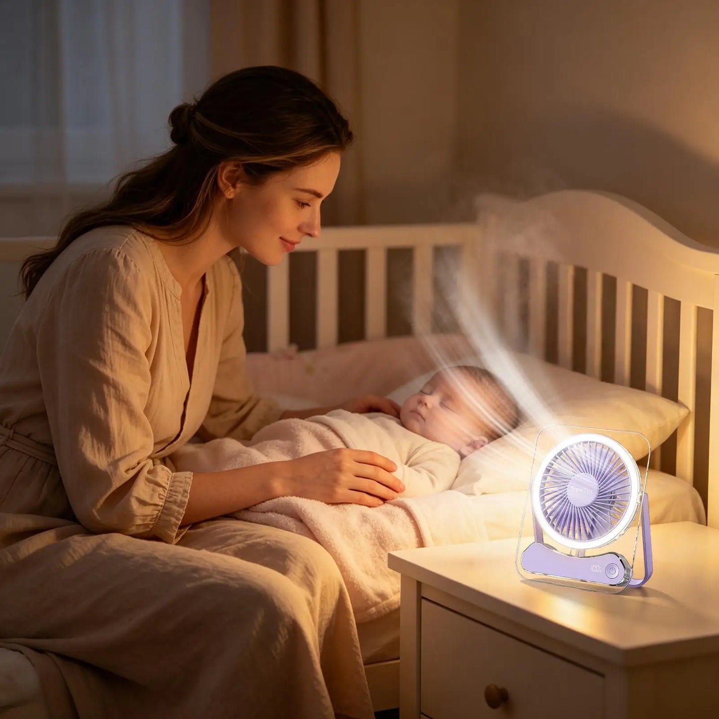 Travel Fan For Sleeping Long Lasting 5 Speeds Foldable LED Lights Device Portable Fan USB Rechargeable For Home Office Bedroom