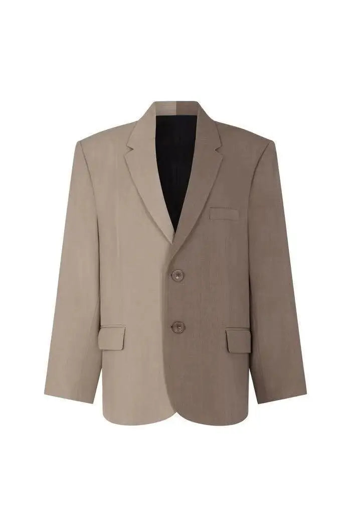 Women's Autumn Winter Color Blocked Loose Two Piece Set Casual Single Breasted Long Sleeved Lapel Coat+Straight Pants Suit Women