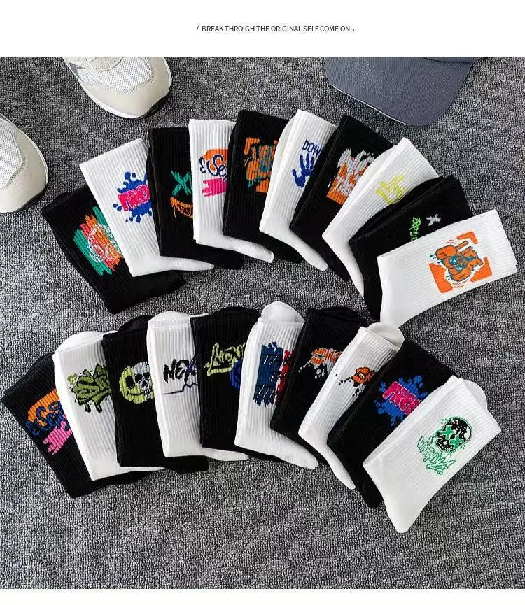 Couple long socks, sports cotton socks, ins student basketball socks, breathable and odor-resistant, black and white men's mid-c