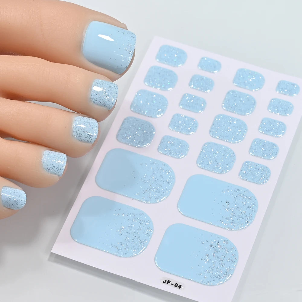 5Sheets/110Tips Summer Glitter Toe Nail Stickers Full Cover Nail Wraps Solid Color Adhesive Toenails Decals for Women DIY Foot &