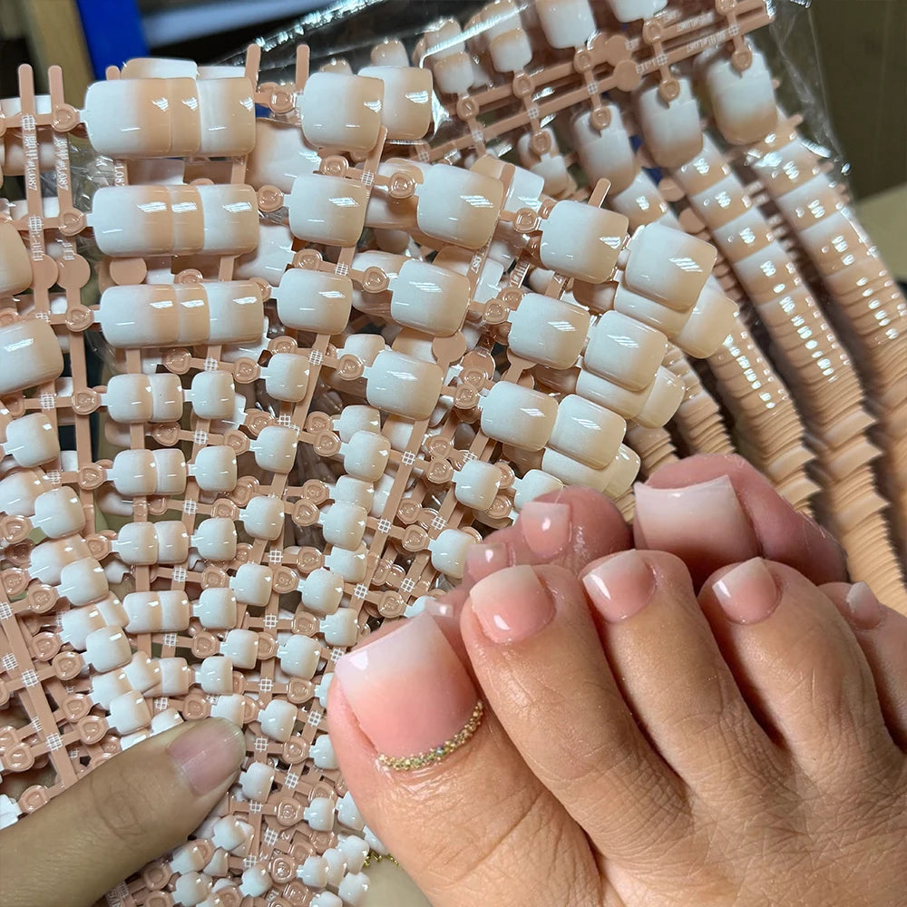 120pcs Short Square False Toe Nail Tips Pink French Soft Gel Press On Toenails White Edge Fake Toe nails Full Cover Toe Nail Tip