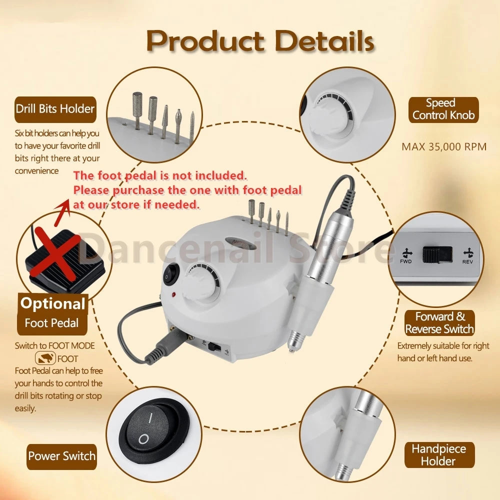 Nail Drill Professional Electric 30000RPM Home Salon Polishing Manicure Pedicure Remove Dremel Buffer