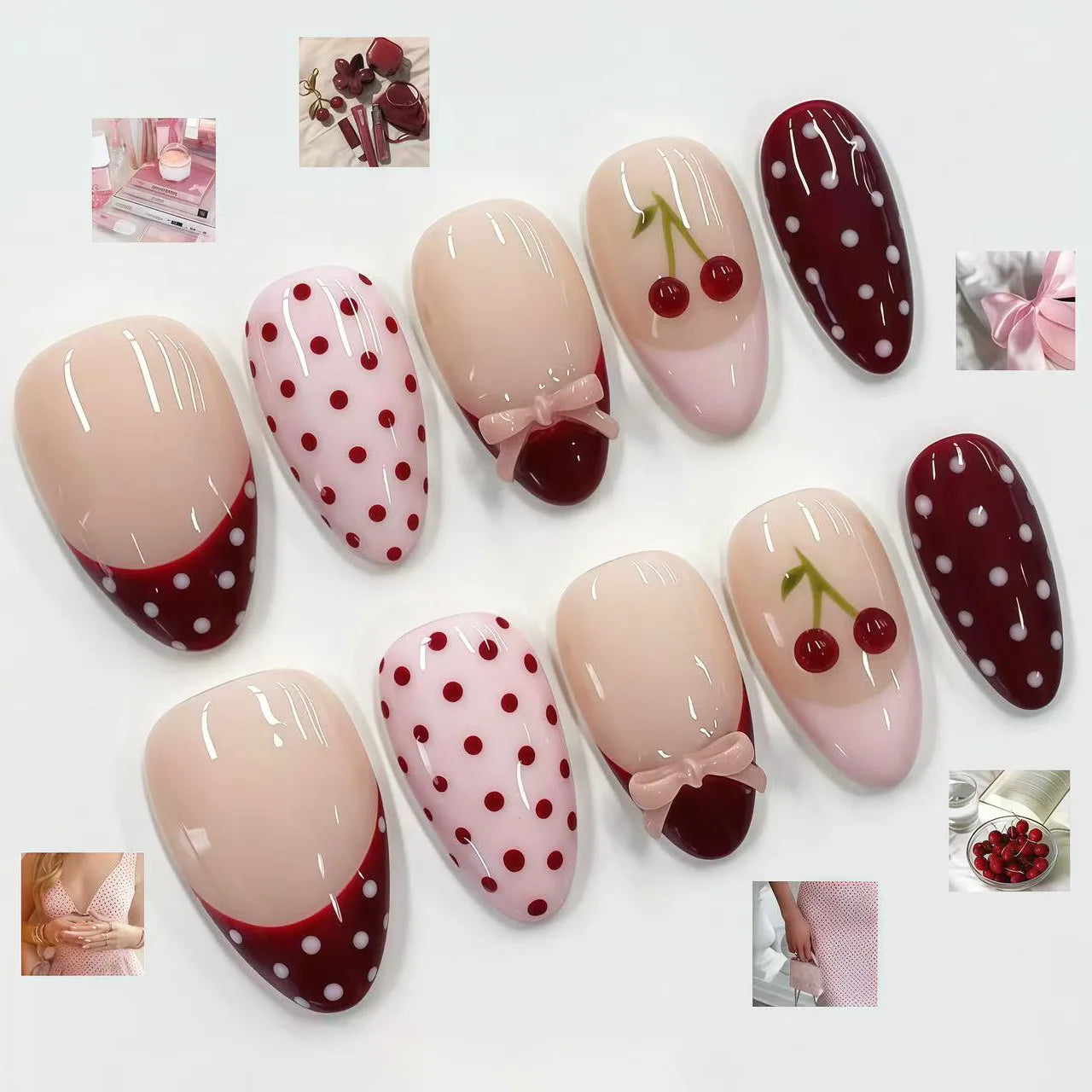 24PCS Medium Almond Press On Nails Wine Red Cute Cartoon Rabbit Bowknot Plaid Pearl False Nails Kawaii Nails Full Cover Wearable