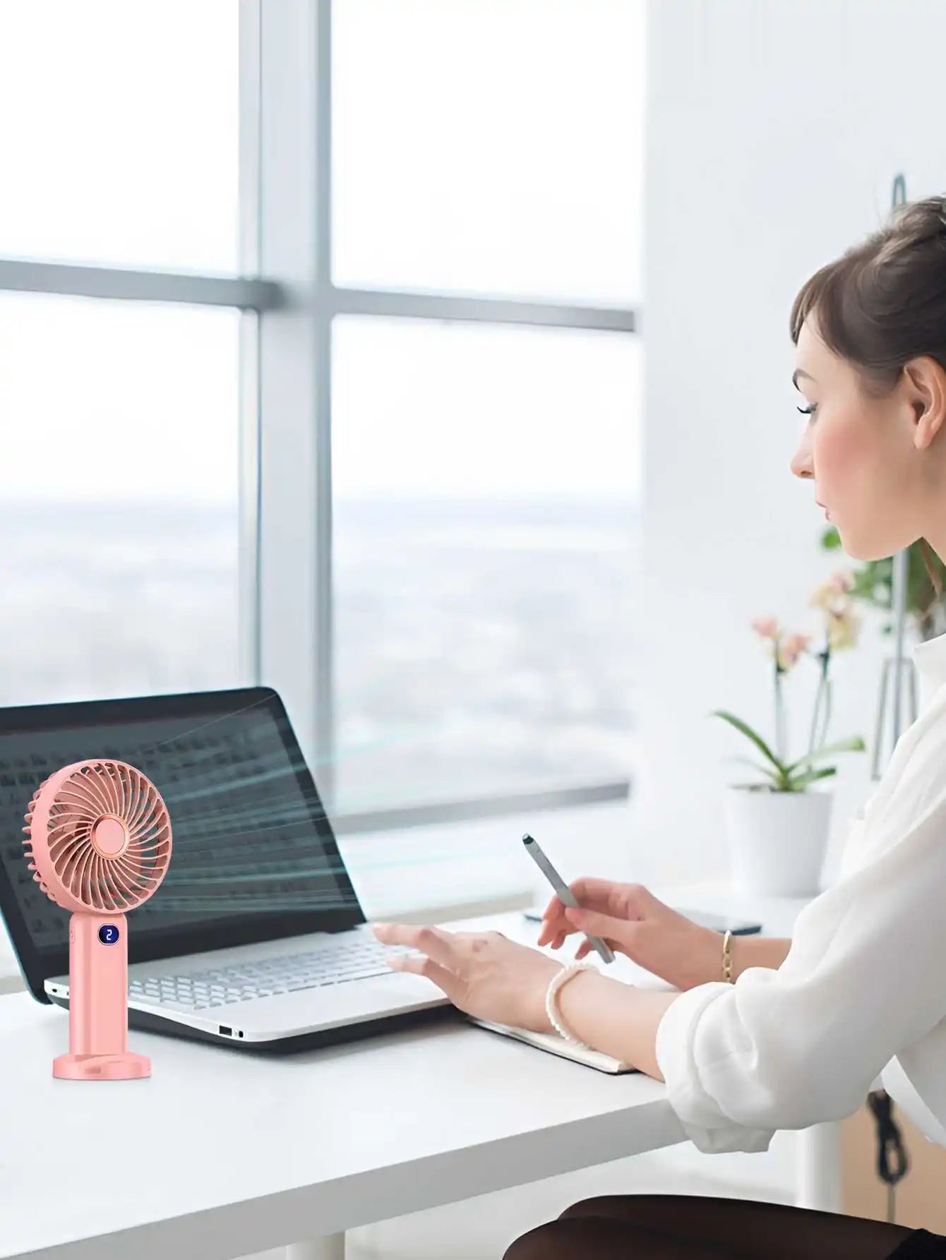 Portable Handheld Fan USB Rechargeable Mini Fan Digital Display 5-Speed Adjustment Suitable For Travel Outdoor Office Home