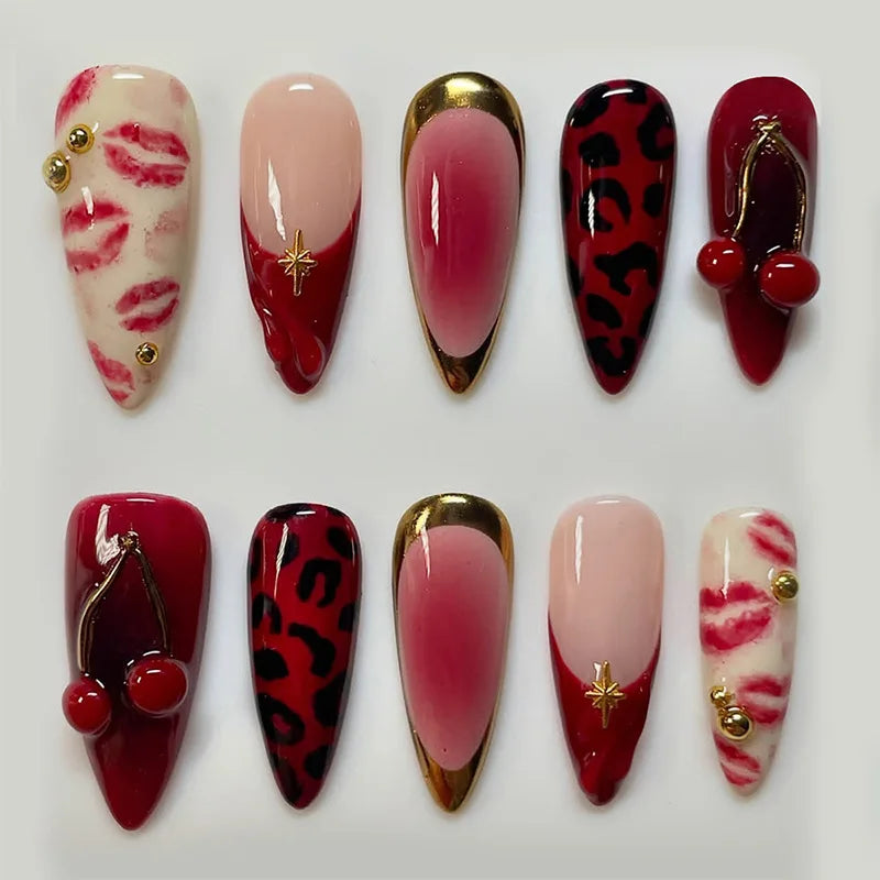 24PCS Medium Almond Press On Nails Wine Red Cute Cartoon Rabbit Bowknot Plaid Pearl False Nails Kawaii Nails Full Cover Wearable