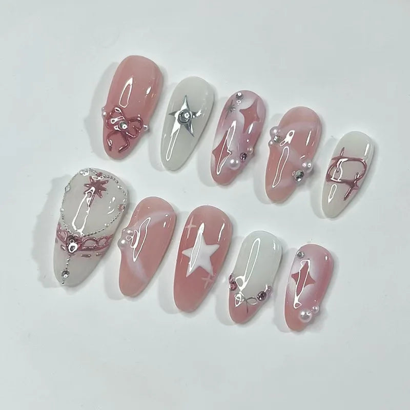 24PCS Medium Almond Press On Nails Wine Red Cute Cartoon Rabbit Bowknot Plaid Pearl False Nails Kawaii Nails Full Cover Wearable