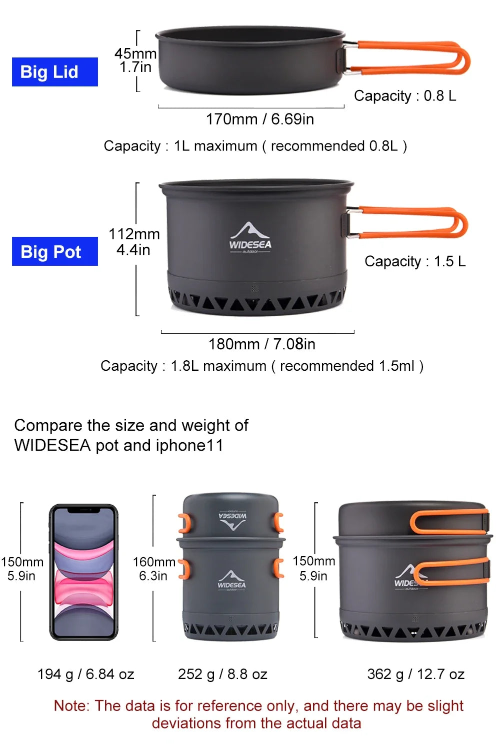 Outdoor Camping Pot 1.3L 2.3L Cookware Outdoor Cooking Kettle Set Heat Cooker Travel Tableware Tourist Kitchen Utensil Equipment