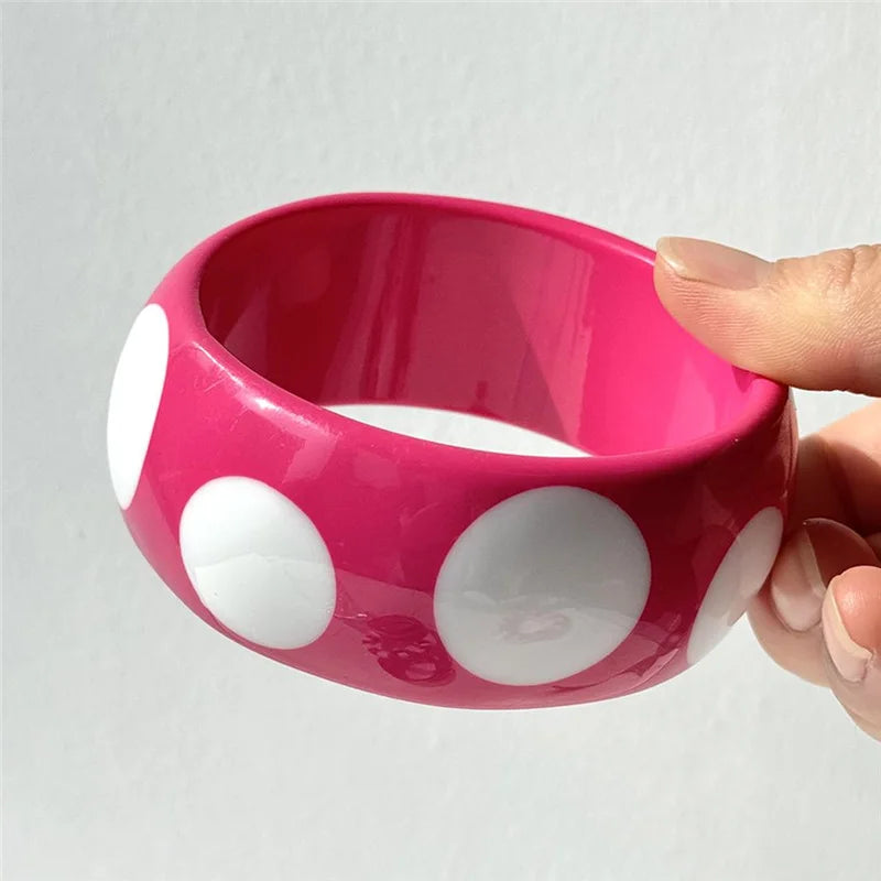 HangZhi Sweet Pink White Polka Dot Striped Geometric Round Resin Cuff Bracelet Y2K Bangle for Women Girls Minimalist Jewelry
