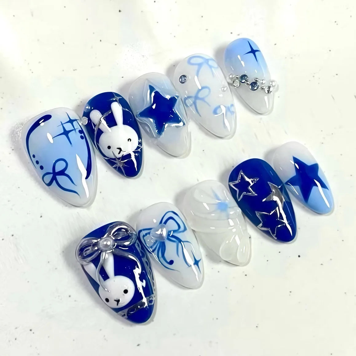 24PCS Medium Almond Press On Nails Wine Red Cute Cartoon Rabbit Bowknot Plaid Pearl False Nails Kawaii Nails Full Cover Wearable