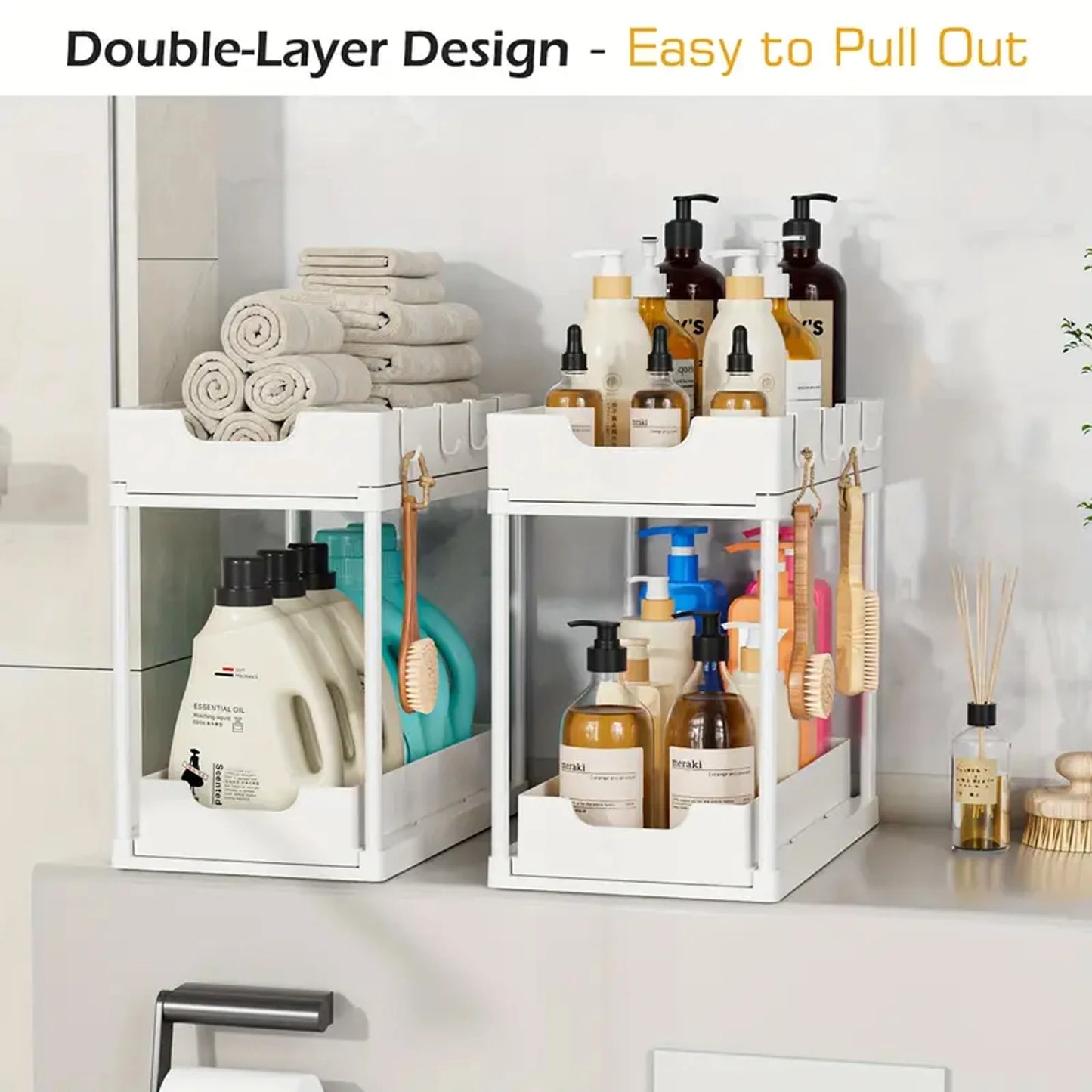 New 2 Tier Under Sink Organizer, Pull Out Sliding Rack, Multi-Function Shelf for Kitchen Bathroom,Space Saving Cabinet Organizer