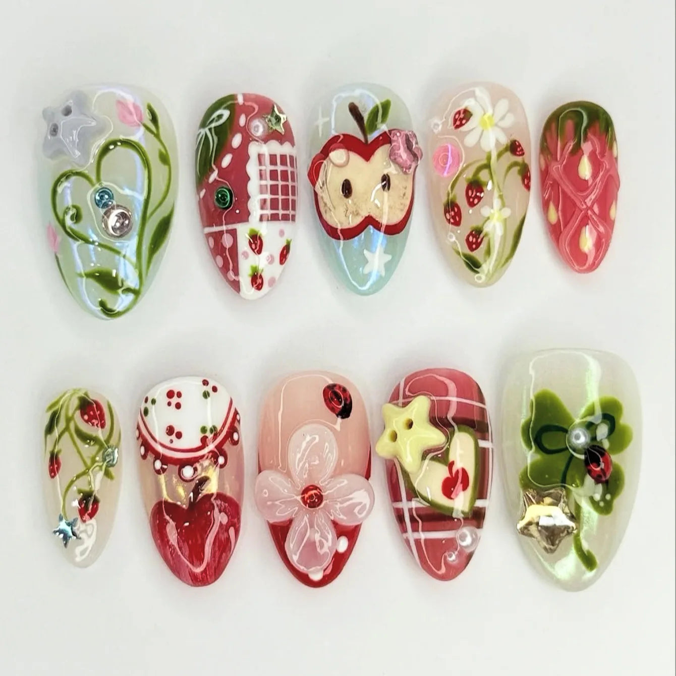24PCS Medium Almond Press On Nails Wine Red Cute Cartoon Rabbit Bowknot Plaid Pearl False Nails Kawaii Nails Full Cover Wearable