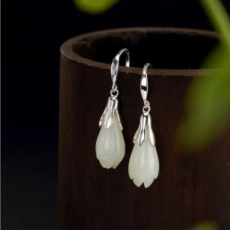 White Jade Magnolia Earrings Gemstone Zircon Natural Women Crystal Charm Chalcedony Gifts Amulet Lucky Jewelry Fashion