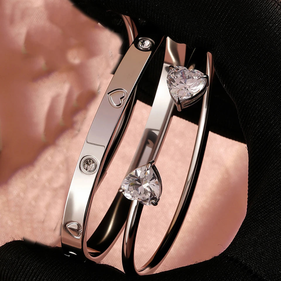 Yupsk 18K Gold Plated Stainless Steel Heart Shape Zirconia Open Bracelet for Women Sparkling Zircon Valentine's Day Gift