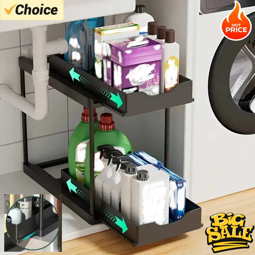 New 2 Tier Under Sink Organizer, Pull Out Sliding Rack, Multi-Function Shelf for Kitchen Bathroom,Space Saving Cabinet Organizer