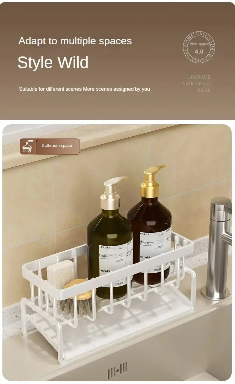 No-Punch ABS Kitchen Sink Shelf with Hooks Multifunctional Faucet Drainage Rack Adhesive Tap Organizer for Spice & Rag Storage ﻿