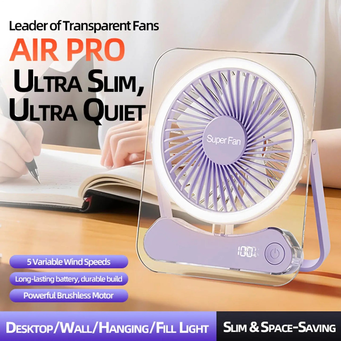 Travel Fan For Sleeping Long Lasting 5 Speeds Foldable LED Lights Device Portable Fan USB Rechargeable For Home Office Bedroom