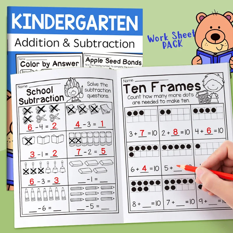32-Page Interactive Math Learning Workbook with Addition & Subtraction Worksheets, Crossword Puzzles, Colorful Math Activities