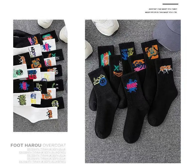 Couple long socks, sports cotton socks, ins student basketball socks, breathable and odor-resistant, black and white men's mid-c