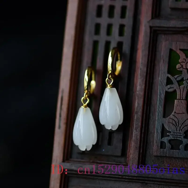White Jade Magnolia Earrings Gemstone Zircon Natural Women Crystal Charm Chalcedony Gifts Amulet Lucky Jewelry Fashion