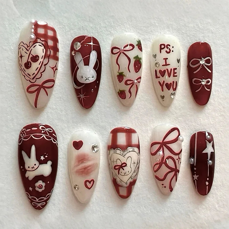 24PCS Medium Almond Press On Nails Wine Red Cute Cartoon Rabbit Bowknot Plaid Pearl False Nails Kawaii Nails Full Cover Wearable
