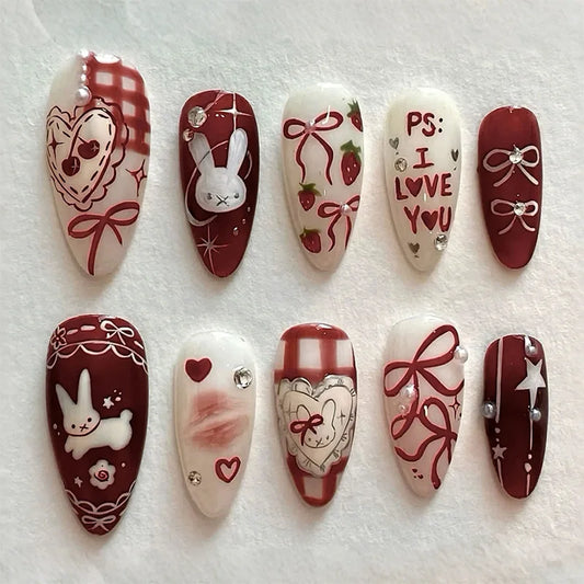 24PCS Medium Almond Press On Nails Wine Red Cute Cartoon Rabbit Bowknot Plaid Pearl False Nails Kawaii Nails Full Cover Wearable