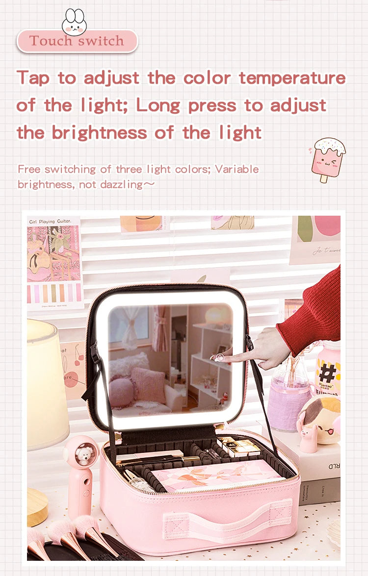 Travel Makeup Bag with LED Lighted Mirror 3 Color Scenarios Adjustable Brightness, with DIY Dividers, Toiletry Makeup Case Gift