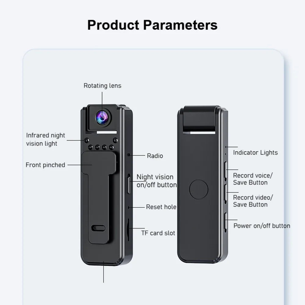1080P Mini Body Camera 180° Rotatable Lens Body Mounted Camera Small Portable IR Night Vision Police Body Camera for Bike