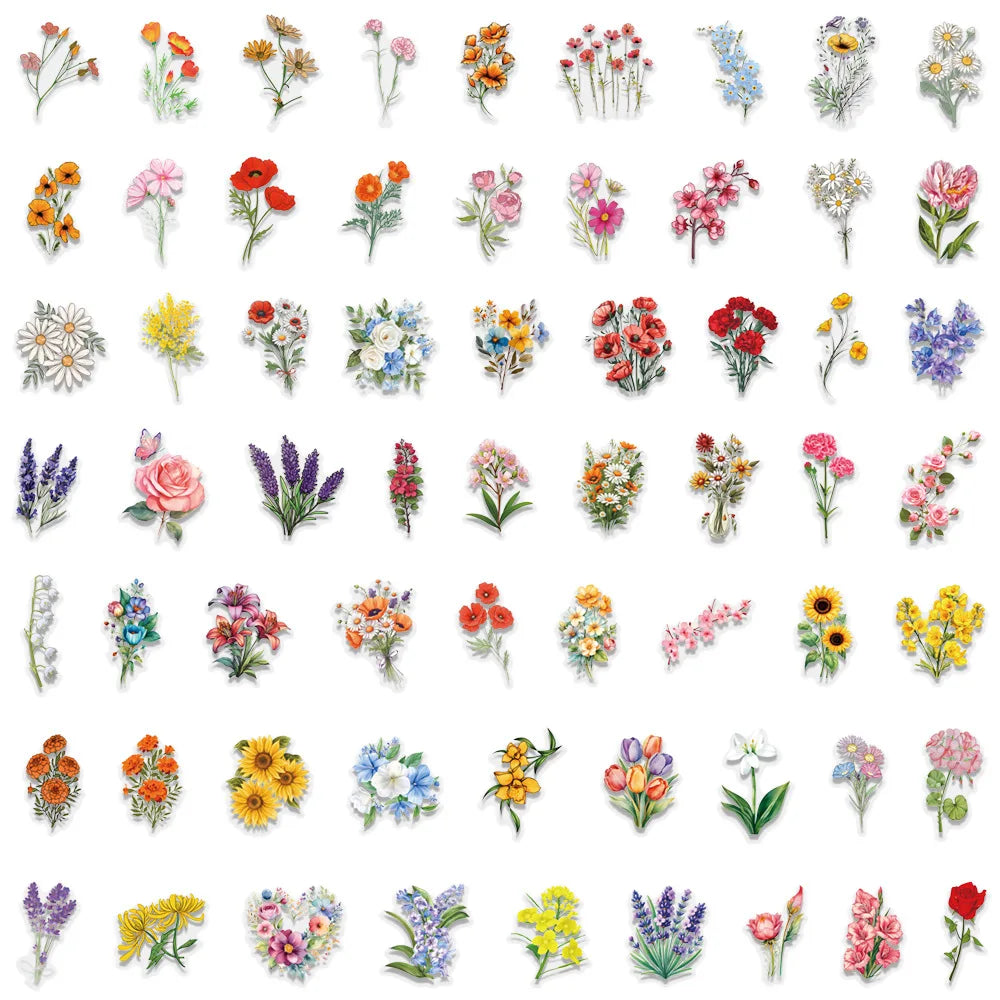 60PCS Transparent Flowers Stickers Graffiti Stickers DIY Diary Phone Case Handmade Scrapbook Aesthetic Stickers