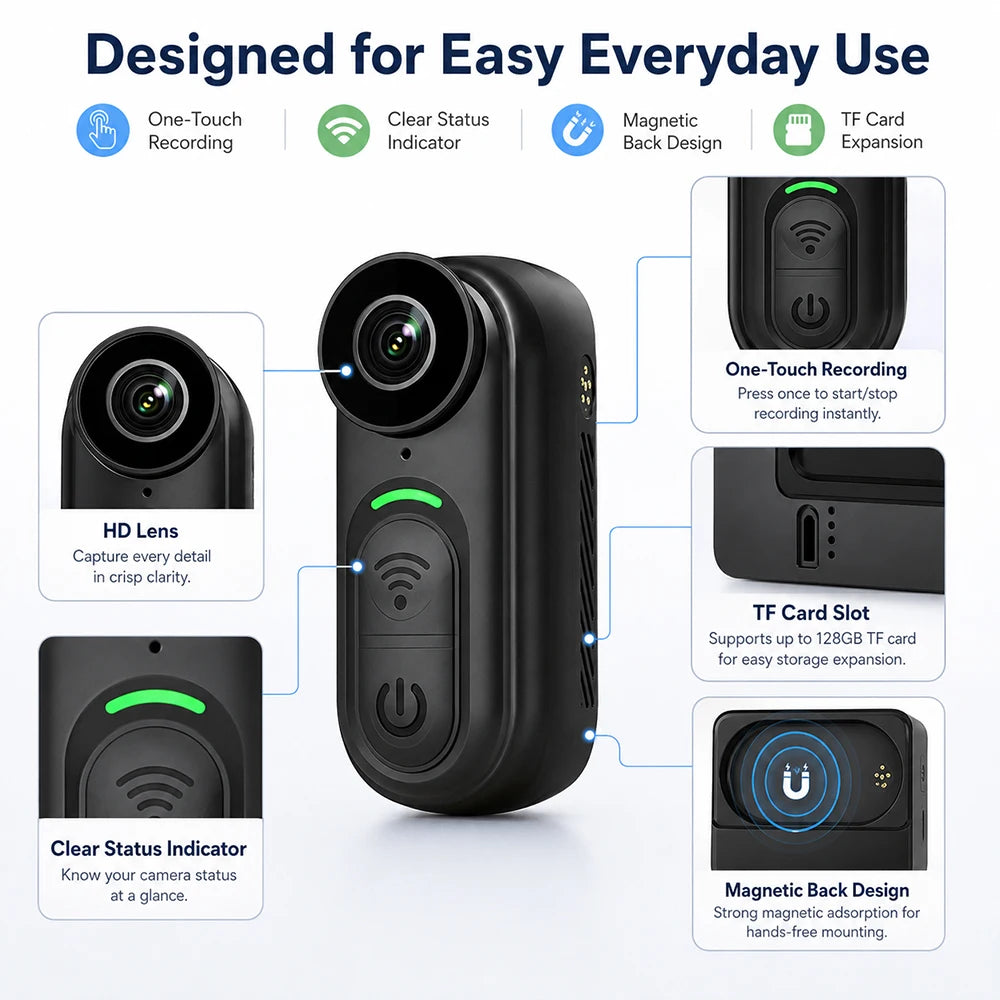 Compact Waterproof 4K Mini Body Camera 6-Axis Stabilized Thumb Cam for Outdoor Sports & Travel Recording