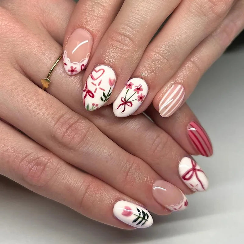 24PCS Medium Almond Press On Nails Wine Red Cute Cartoon Rabbit Bowknot Plaid Pearl False Nails Kawaii Nails Full Cover Wearable