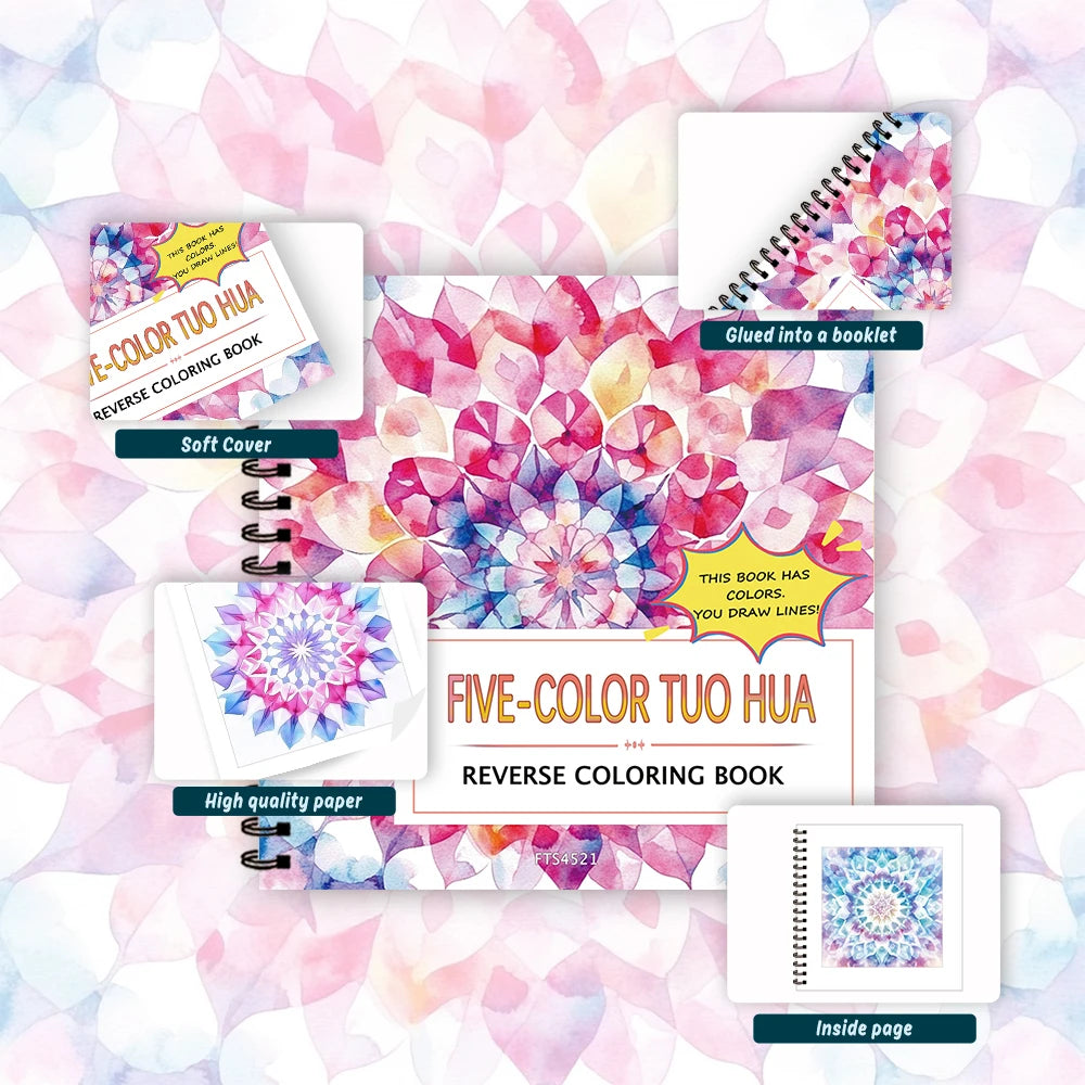 1pc Symmetrical Reverse Coloring Book,Five-Color Mandala 30 Sheets Thickened 100gsm,Relaxing Creative Line Activities,Ideal Gift