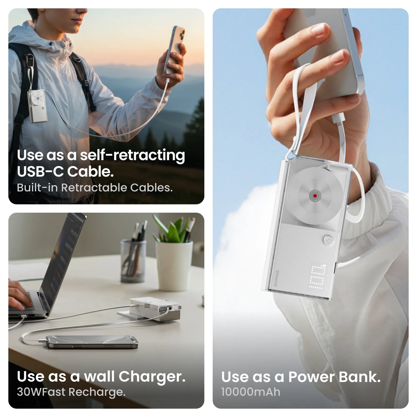 SHARGE 3-in-1 Portable Power Bank 30W USB-C Charger with USB-C Cable 10,000mAh AC Plug Max Battery Pack for iPhone 16/15 Galaxy