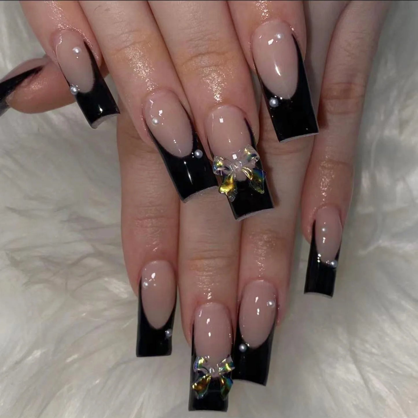 24Pcs Pink French Style Fake Nails 3D Bowknot Designs Short Square Press on Nails Sweet Korean Fashion False Nail for Women Girl
