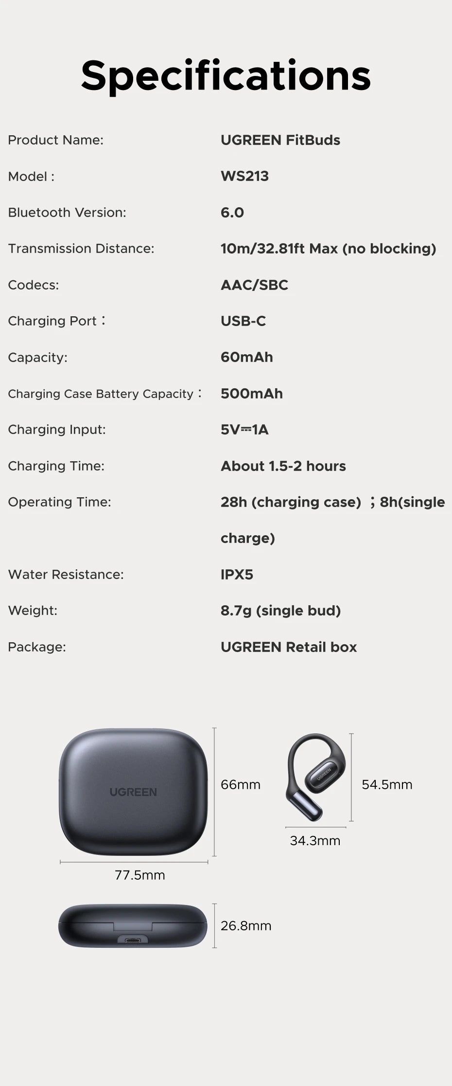 UGREEN FitBuds Open-Ear Headphones Earphones, Ear-hook TWS True-Wireless Bluetooth 6.0 Wireless Earbuds, Spatial Audio, 30H play