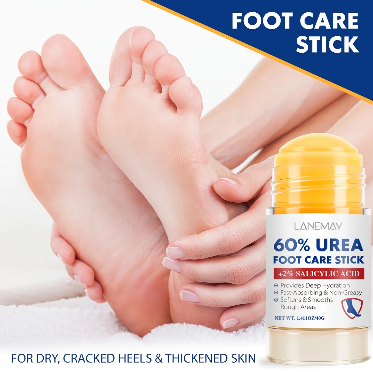 60% Urea Foot Care Stick - Deep Hydration for Dry Cracked Heels,Salicylic Acid & Antioxidants for Rough Light Beige Removal