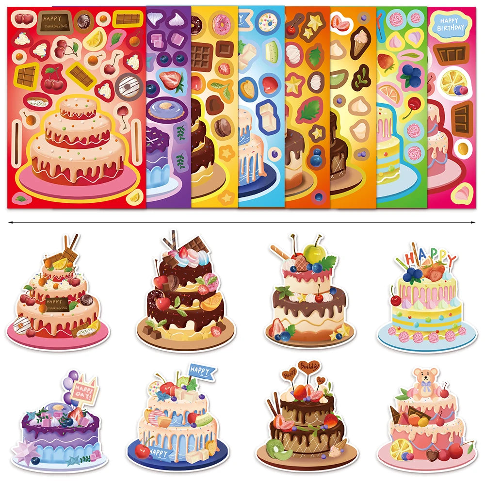 8PCS Creative New Cake Wishes Come True Puzzle Stickers Assembly Puzzle DIY Cartoon Stickers Puzzle 2026 Stationery Food Sticker