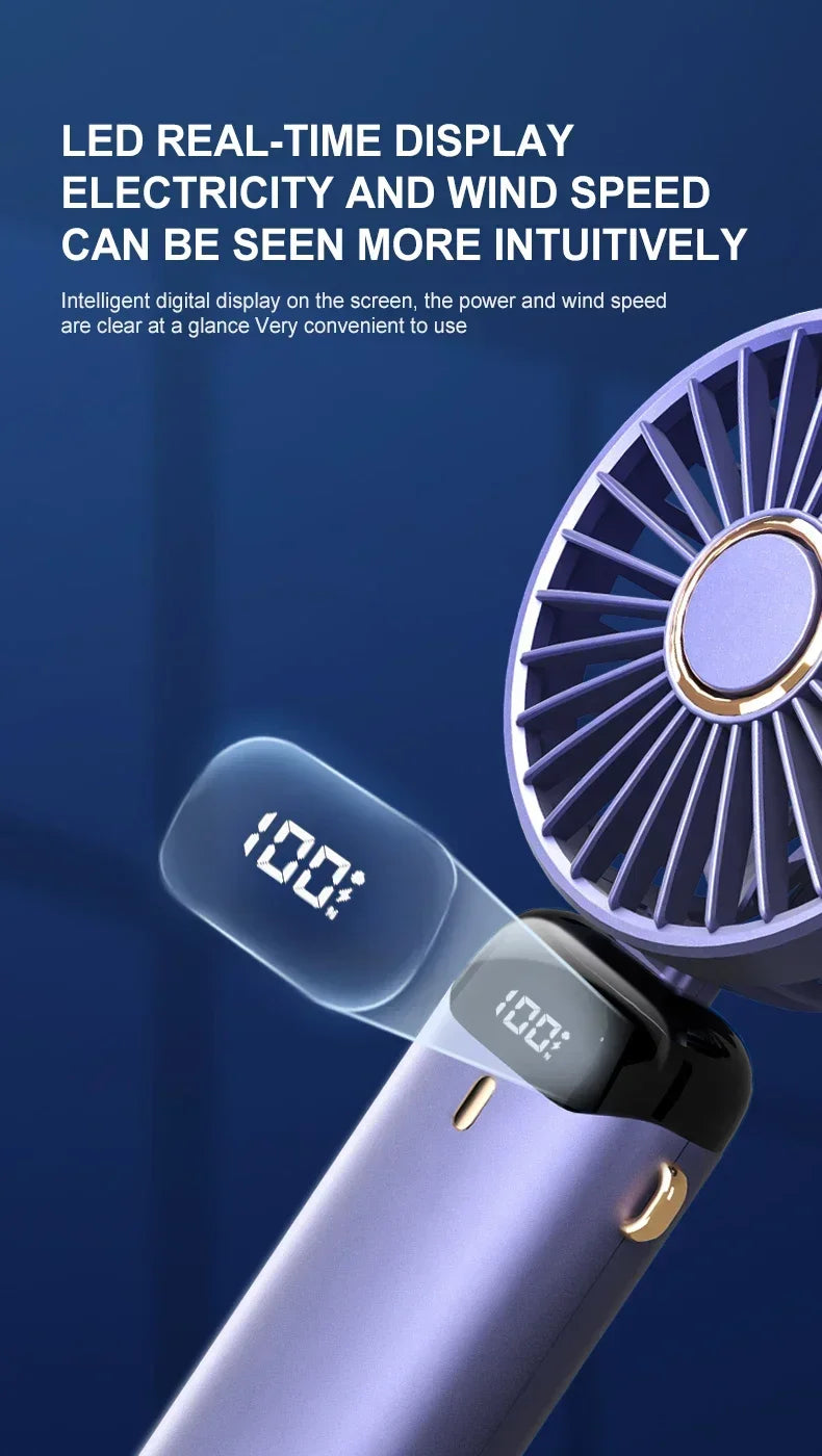 Portable Handheld Mini Fan Foldable Neck Hanging Fans 5 Speed USB Rechargeable Fan with Phone Stand and Display Screen 1800mAh
