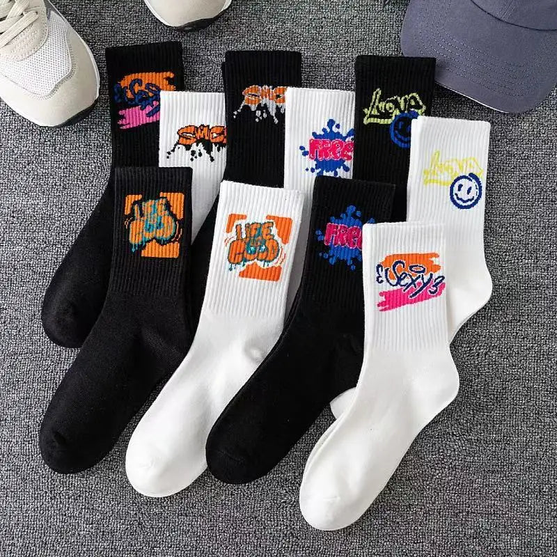 Couple long socks, sports cotton socks, ins student basketball socks, breathable and odor-resistant, black and white men's mid-c