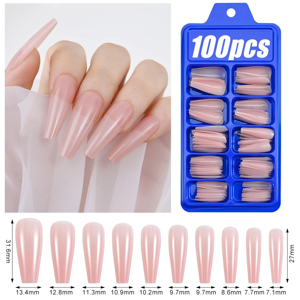 100Pcs Light Pink Press on Nails Short Medium Square Wearable Fake Nails Tips 10 sizes Full Cover False Nails Finger Decoration