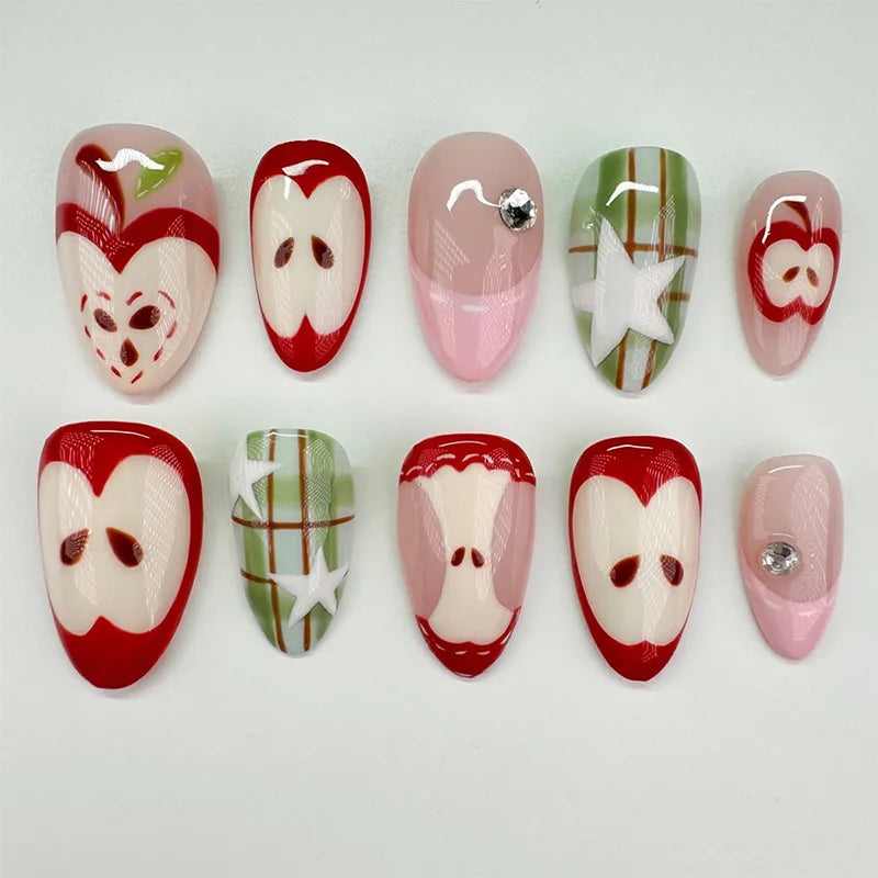 24PCS Medium Almond Press On Nails Wine Red Cute Cartoon Rabbit Bowknot Plaid Pearl False Nails Kawaii Nails Full Cover Wearable