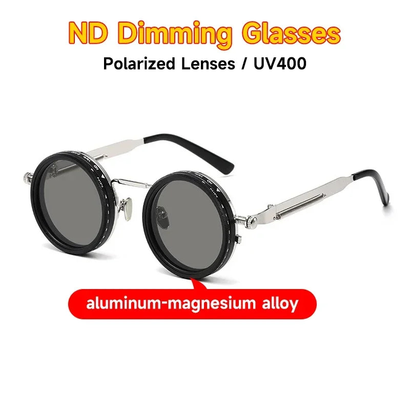 ND Dimming Glasses Polarized Sunglasses Men Women Round Retro Punk Driving Eyeglasses Outdoor Shades UV400 Adjustable Eyewear