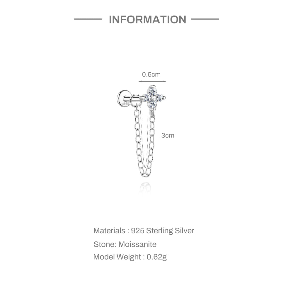 CANNER 1PC Moissanite Spherical Vertical Eight-pointed Star Piercing Earrings 925 Sterling Silver Jewelry Valentine's Day Gift