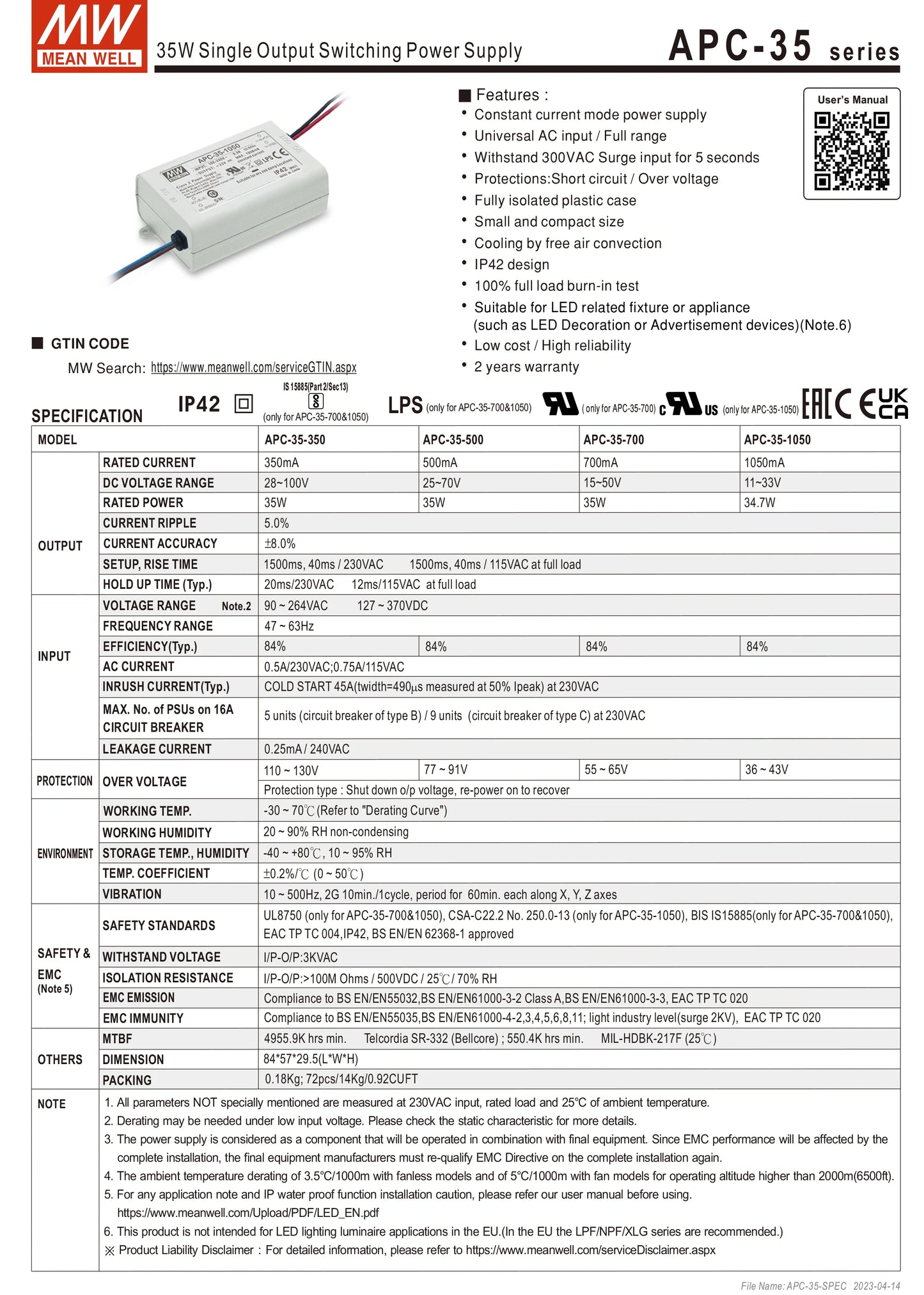 Mean Well APC-8/12/16/25/35-250/350/500/700/1050mA Meanwell Indoor LED lighting SMPS LED Constant Current Switching Power Supply