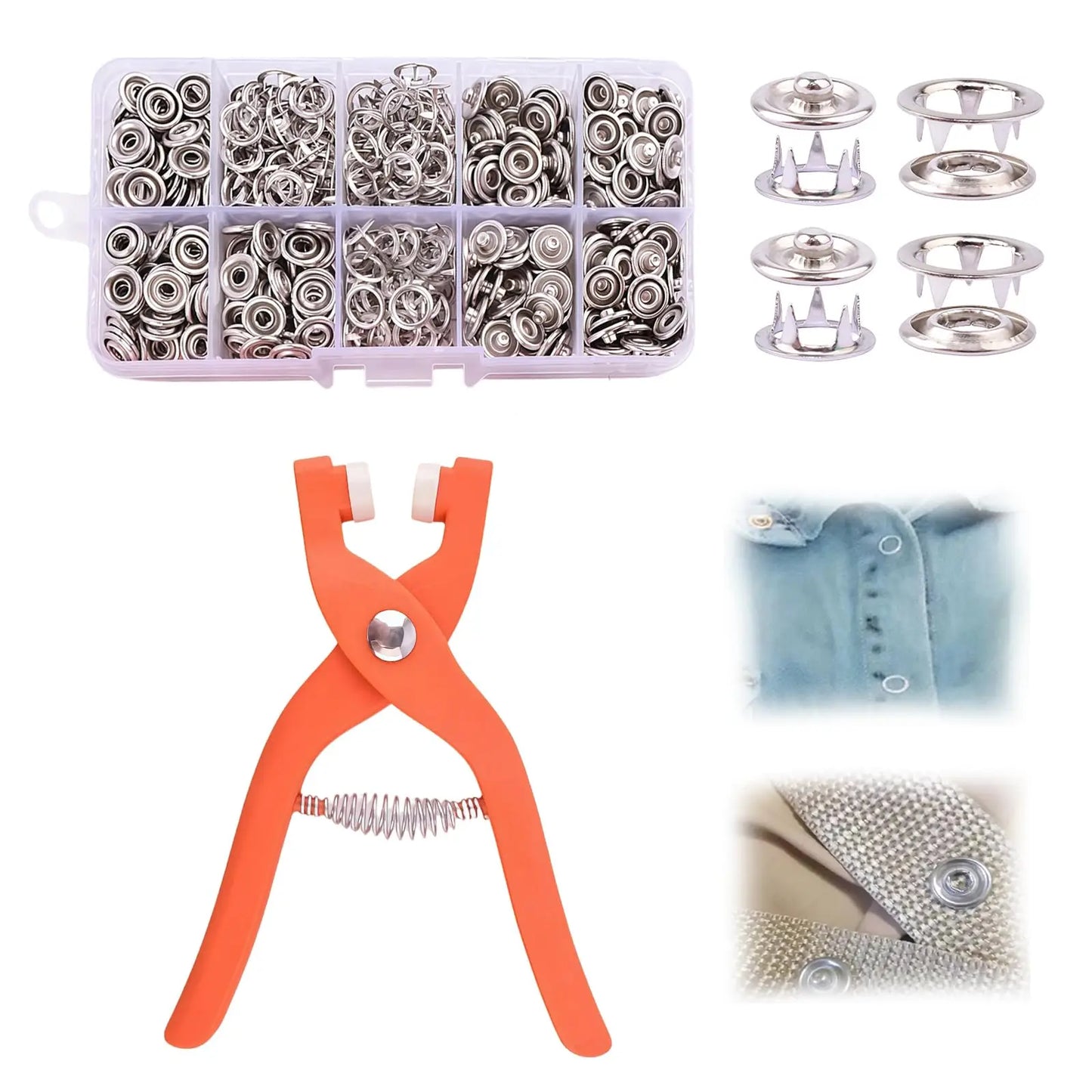Snap Button Kit,Sets Metal Snap Buttons with Fastener Pliers Press Tool and Box, Rust Proof DIY Press Studs Button Fix Tool