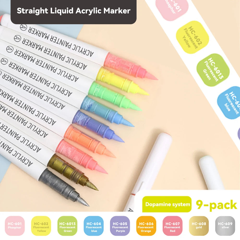 9colors/Set Acrylic Paint Pens Brush Marker Pen for Rock Painting,Ceramic,Glass,Wood,Canvas,Diy Art Supplies Drawing Stationary