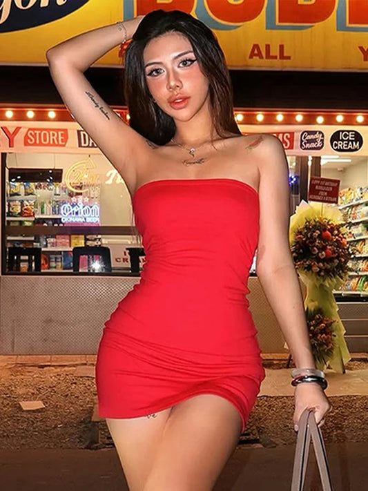 Weird Puss Valentine's Day Strapless Dress Women Backless Sexy Peach Hip Stretch Slim Simple Hottie Dating Mini Street Clubwear