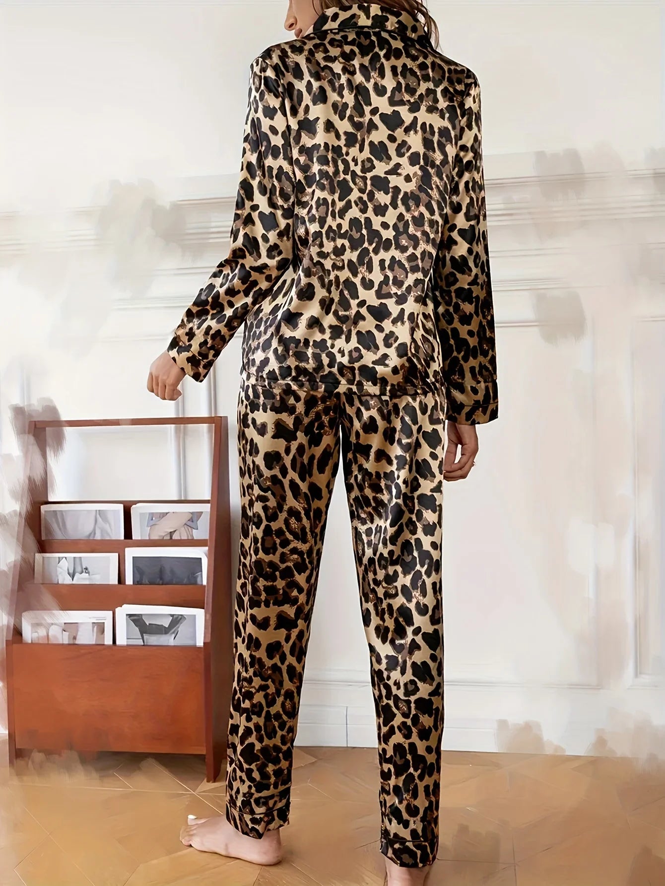 Autumn Winter Silk Satin Leopard Print Pajamas Set for Women Sleepwear Loose Casual Long Sleeve T-shirt and Trouser Suits