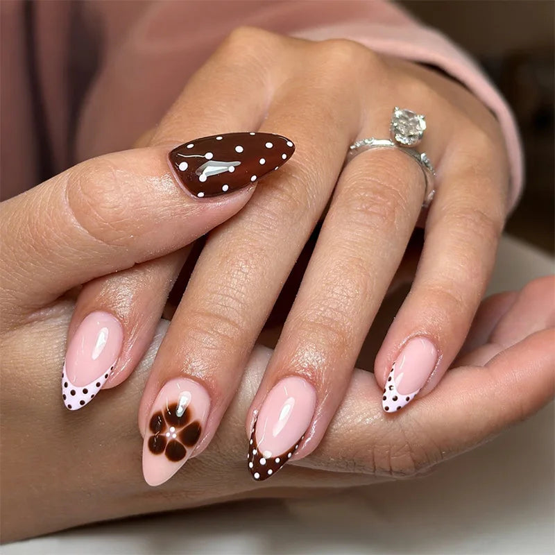 24PCS Medium Almond Press On Nails Wine Red Cute Cartoon Rabbit Bowknot Plaid Pearl False Nails Kawaii Nails Full Cover Wearable